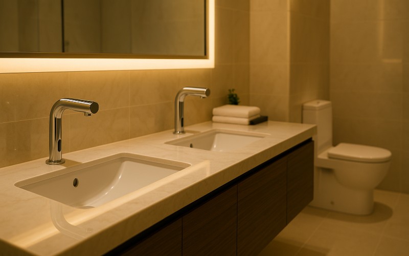 Laminar-flow sensor faucets serving healthcare handwash stations
